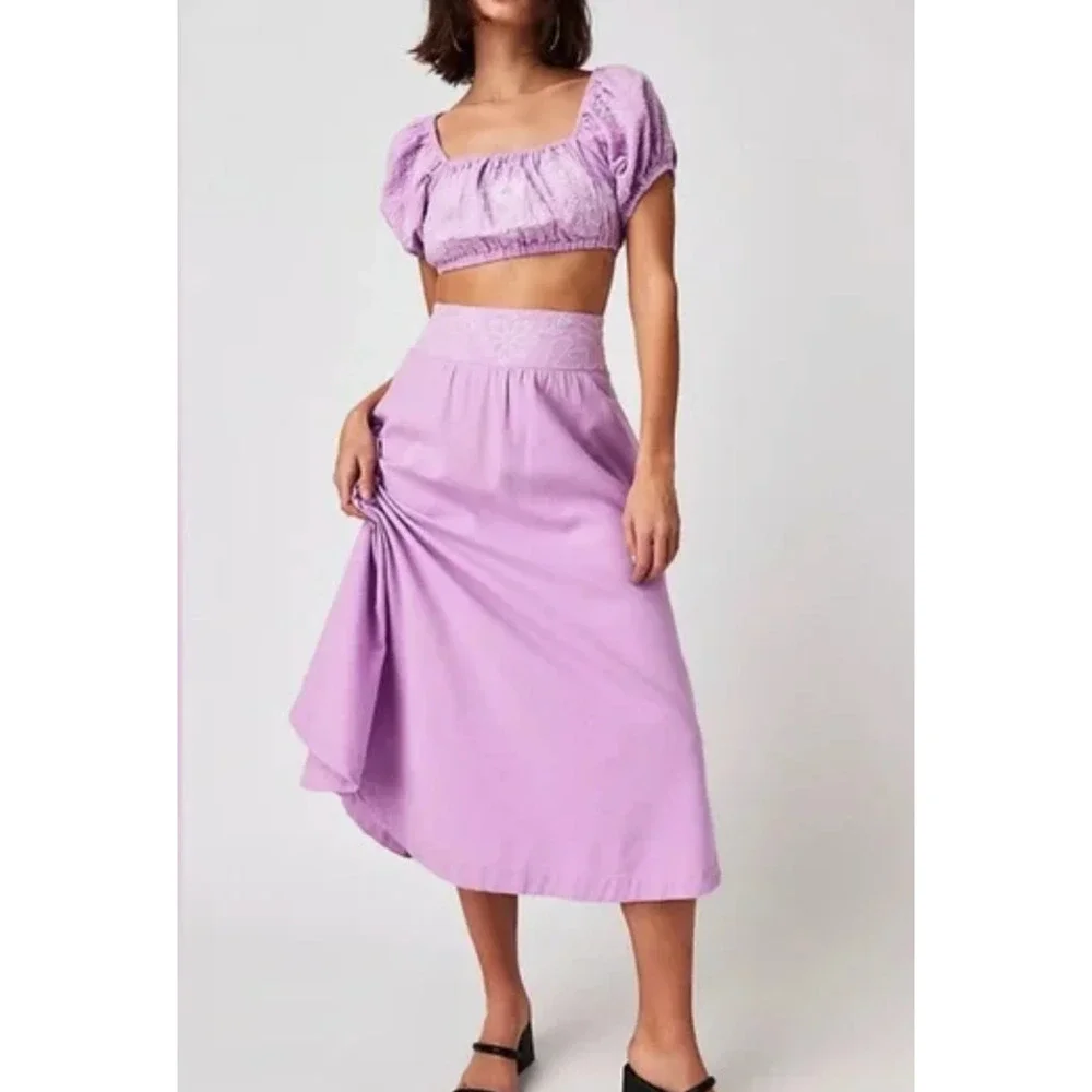 NEW FREE PEOPLE ORCHID PURPLE WHITE LOTUS MIDI SKIRT CROP TOP SET SZ M